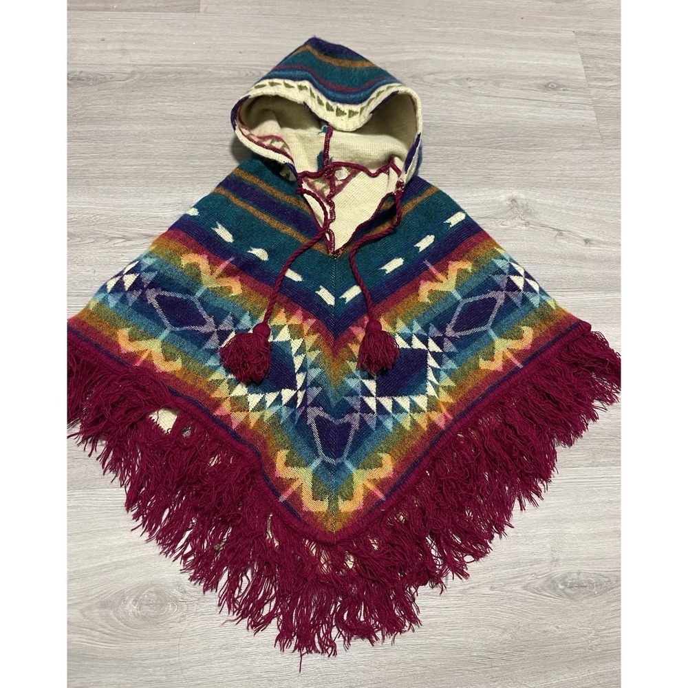 Wool Poncho Cape‎ Sz 4 Toddler Aztec Print Hooded Shawl